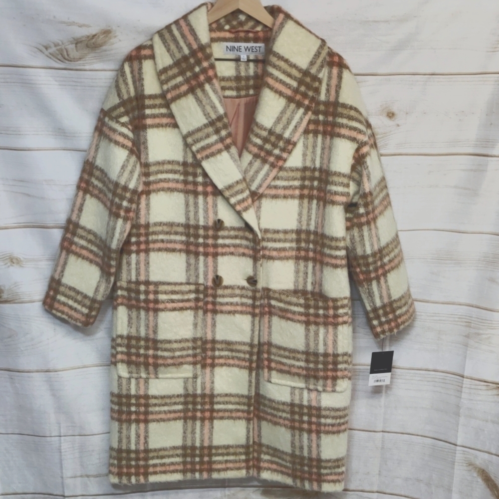 Nine West Mid-Length Cream/Coffee/Pink Plaid Coat, Size Small